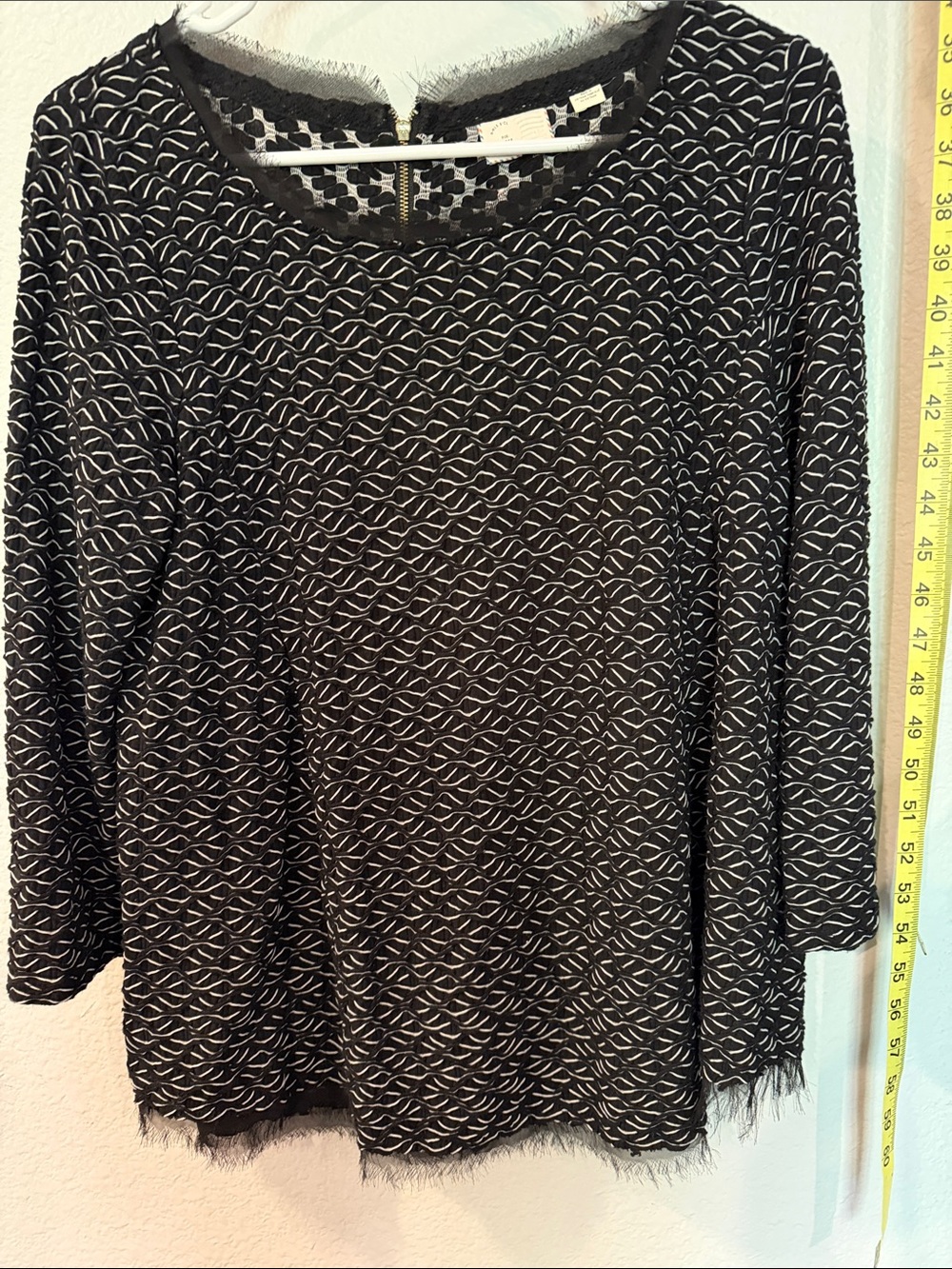 Anthropologie Black and White Textured Fringe Hem Long-Sleeve Top